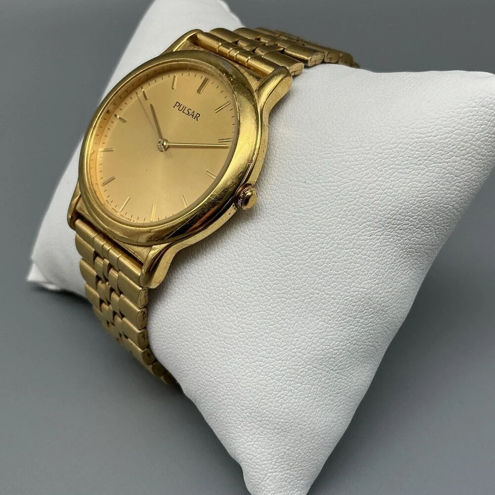 Vintage Pulsar Mens Watch 34mm Gold Tone Round V501-X080 New Battery 7.5